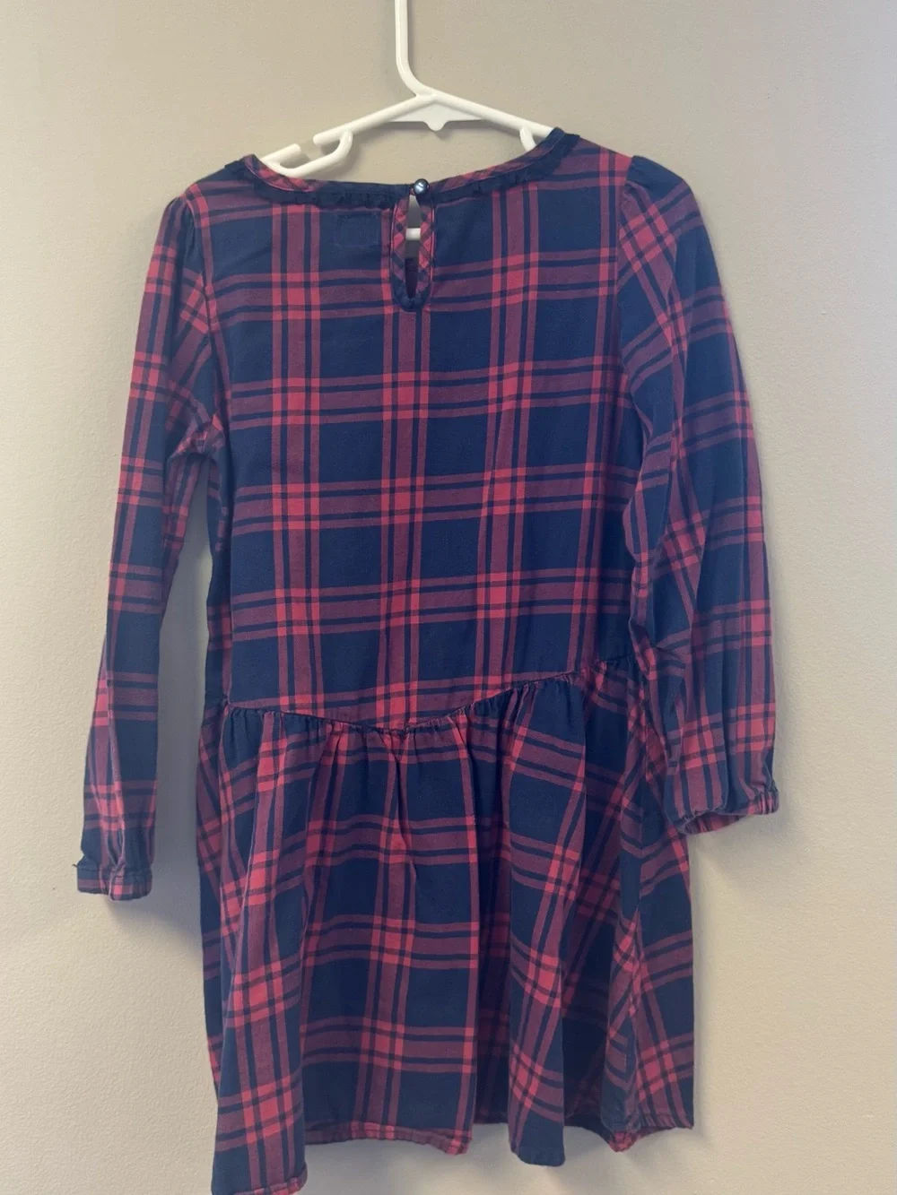 GAP Girls Navy and Pink Plaid Long-Sleeve Gathered Dress